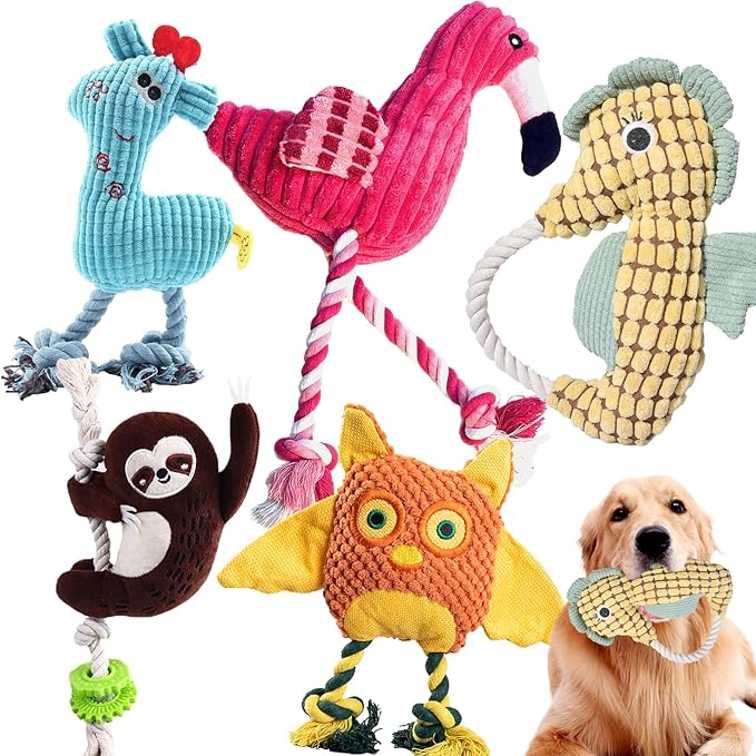 MRSOHRET 5 Pack Plush Dog Toys with Rope, Squeaky Dog Toys, Tug of War Dog Interactive Toy, Durable Dog Chew Toys for Large Dogs & Puppies