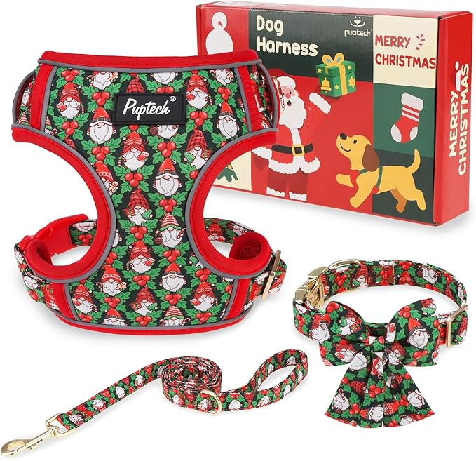 PUPTECK Christmas Dog Harness Collar and Leash Set with Gift Box, No Pull Soft Light Pet Harness, Reflective Adjustable Puppy Vest, for Small Sized Dogs Cats Walks, Red&Green M