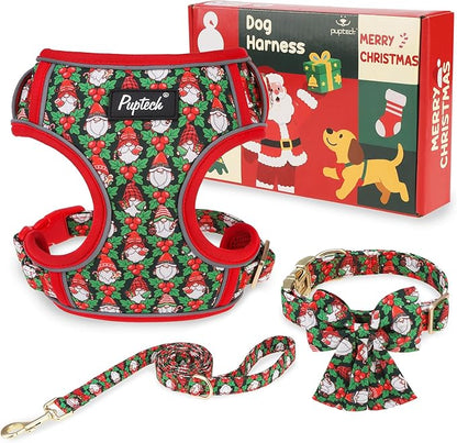 PUPTECK Christmas Dog Harness Collar and Leash Set with Gift Box, No Pull Soft Light Pet Harness, Reflective Adjustable Puppy Vest, for Small Sized Dogs Cats Walks, Red&Green M