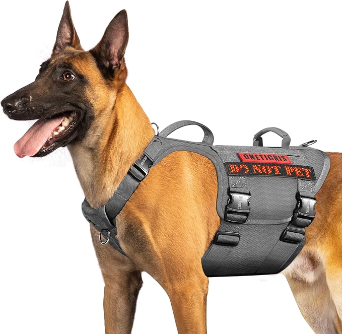 OneTigris Tactical Dog Harness with 5X Metal Buckle,Dog MOLLE Vest with Handle,No Pulling Front Clip,Hook and Loop Panel for Dog Custom Patch (M, Grey)