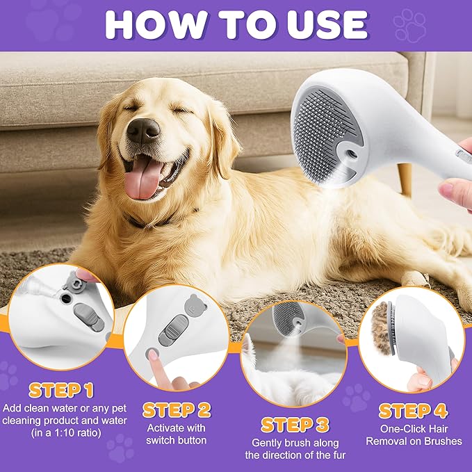 PawsMedal Pet Spray Grooming Brush Cat Brushes Cat Hair Removal Products Cat Shedding Tools Self Cleaning Ergonomic Grip for Short Long Haired Pets Help with matted Fur Rechargable Comb Mist
