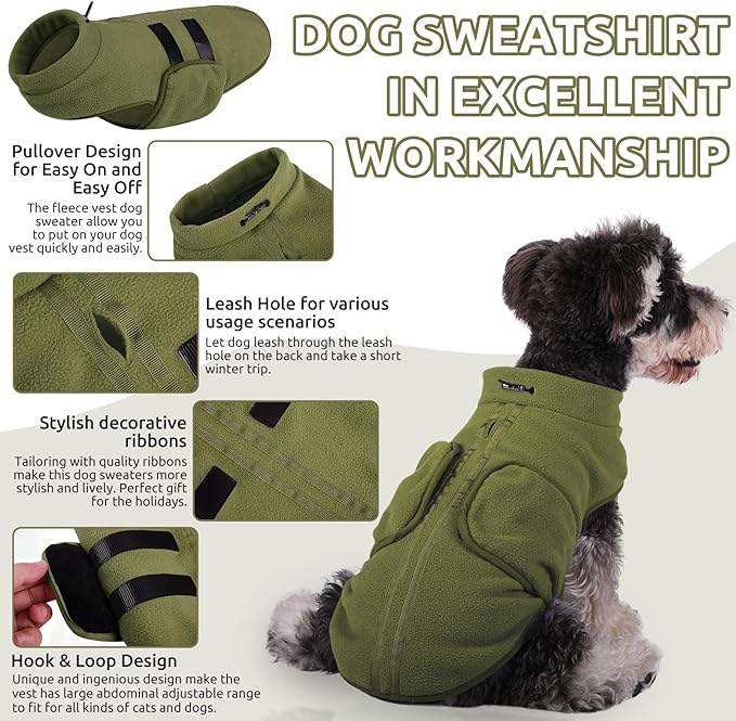 Queenmore Large Dog Sweaters, Soft Fleece Vest Pullover Dog Jacket with Leash Hole, Warm Winter Dogs Clothes Cold Weather Doggy Dachshund Sweater for Large Dogs Cats Boy or Girl (Army Green, L)