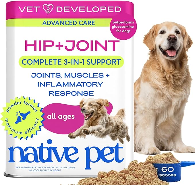 Native Pet Advanced Care - Hip & Joint Supplement for Dogs - Supports Joints, Cartilage, Muscles & Anti-Inflammatory with HMB, UC-II Collagen, Green Lipped Mussel & Hyaluronic Acid - 60 Scoops