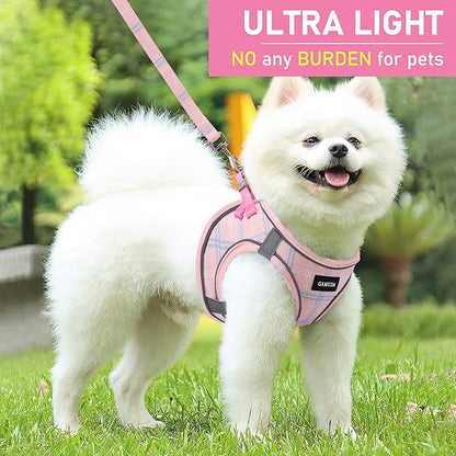 GAMUDA Small Dog Harness Collar and Leash Set, Step in No Chock No Pull Soft Mesh Adjustable Dog Vest Harnesses Plaid Reflective for Dogs Puppy Cats Kitten Rabbit (Pink, M)