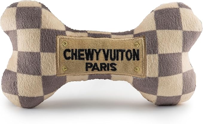 Haute Diggity Dog Checker Chewy Vuiton Bone, Plush Designer Dog Toys with Interactive Squeaker, Stimulating Pet Enrichment, Machine-Washable & Safe Materials for All Breeds, Size Large