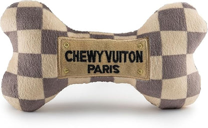 Haute Diggity Dog Checker Chewy Vuiton Bone, Plush Designer Dog Toys with Interactive Squeaker, Stimulating Pet Enrichment, Machine-Washable & Safe Materials for All Breeds, Size Large