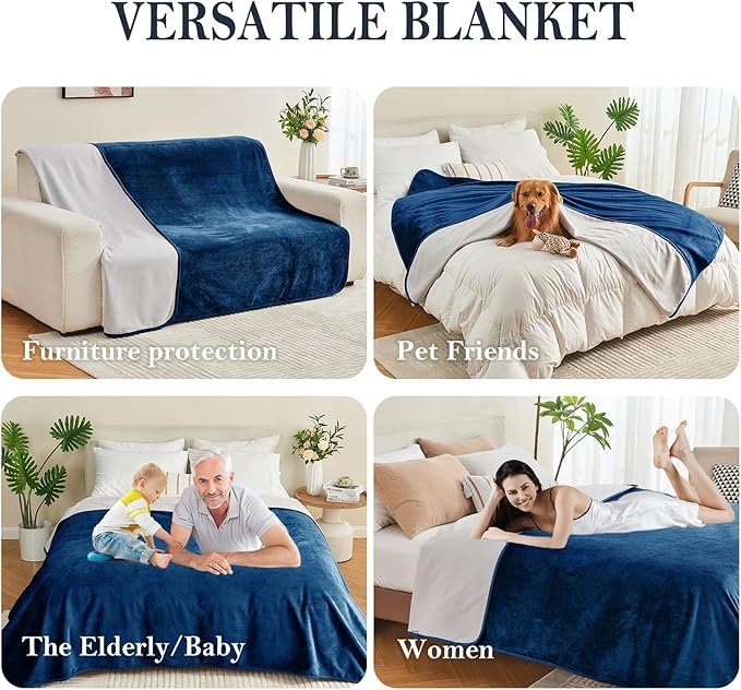 Yaning Waterproof Blanket 40"x60" for Adults, Reversible Waterproof Bed Cover for Dogs Cats Pets, Soft Leakproof Blanket for Bed Couch Sofa Furniture Protector, Navy Blue/Light Grey