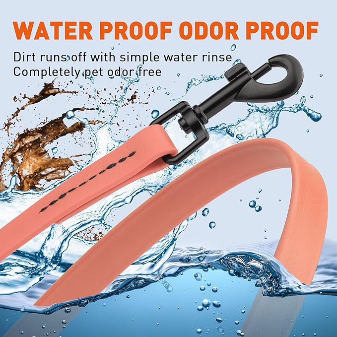 Dogline Biothane Waterproof Dog Leash Strong Coated Nylon Webbing with Black Hardware Odor-Proof Easy to Clean High Performance for Small or Large Dogs Made in USA 4 or 6 ft Lead, Coral