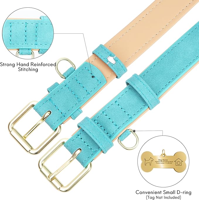 Leather Dog Collar for Small Dogs, Soft Padded Dog Leather Collar with Heavy Duty Gold Buckle, Durable & Comfortable, Teal Blue, S
