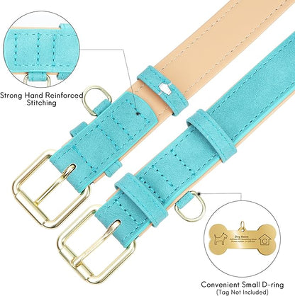 Leather Dog Collar for Small Dogs, Soft Padded Dog Leather Collar with Heavy Duty Gold Buckle, Durable & Comfortable, Teal Blue, S