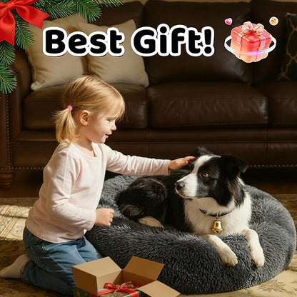 Large Donut Washable Dog Bed for Medium Size Dog, Round Calming Soft Cat Cuddler,Anti Anxiety Cozy Soft Sofa,Fluffy Faux Fur Plush Cushion-31''-Dark Grey