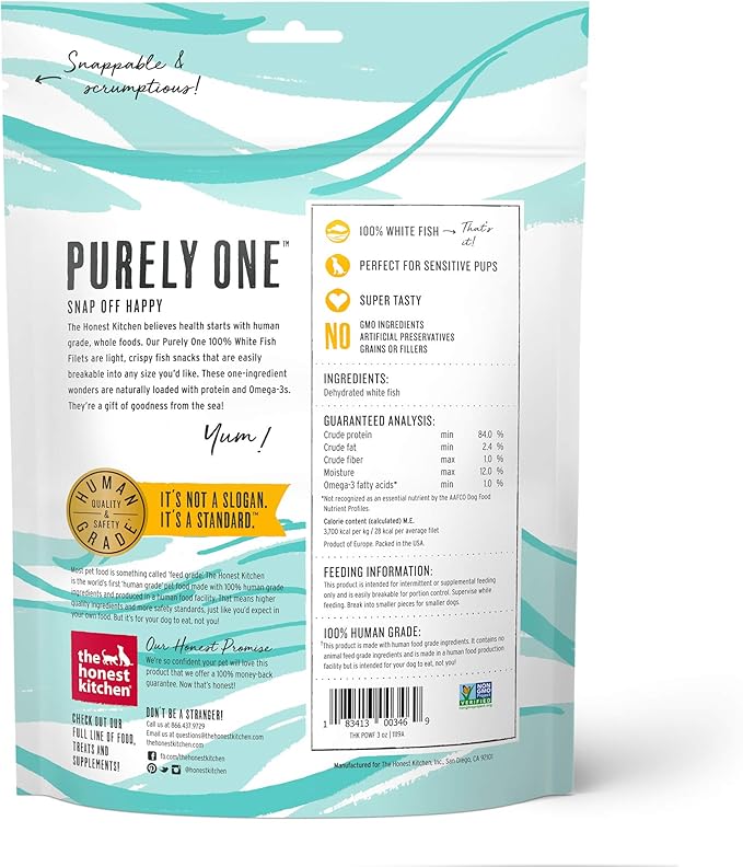 The Honest Kitchen Human Grade 100% White Fish Filets Dog Treats, 3 oz (Wishes)