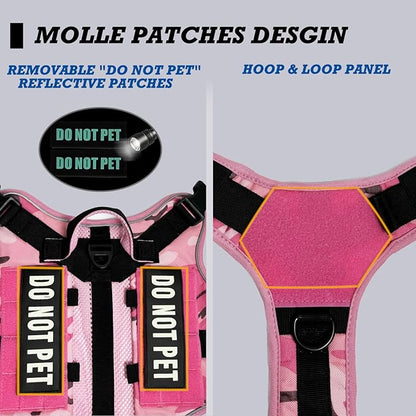 Tactical Dog Harness for Medium and Large Breeds, Air Dog Vest No Pull with Reflective Do Not Pet Patches, Breathable Dog Molle Vests for Training Walking Hunting Camo Pink