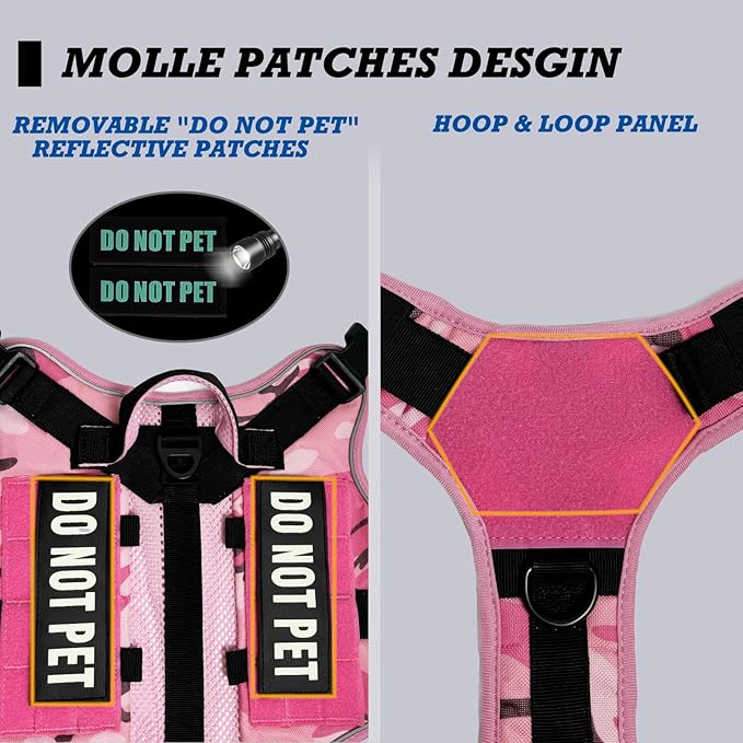 Tactical Dog Harness for Small and Medium Breeds, Air Dog Vest No Pull with Reflective Do Not Pet Patches, Breathable Dog Molle Vests for Training Walking Hunting Camo Pink