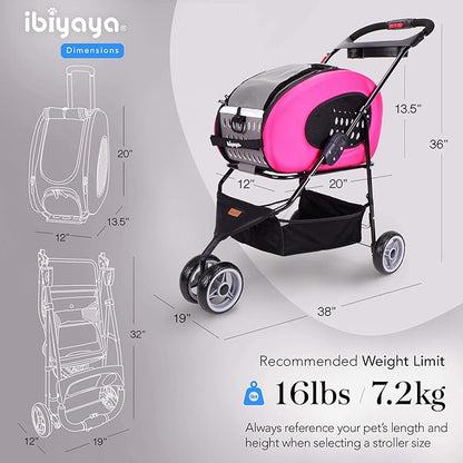 ibiyaya - Compact 5-in-1 Convertible and Foldable Small Pet Carrier and Stroller - Multifunctional Combo System Cat Stroller and Dog Stroller - Pets up to 16 Pounds - Pink
