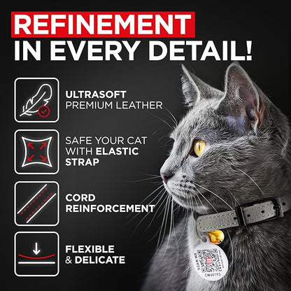 Leather Cat Collar with Bell and Safety Elastic Strap Breakaway Alternative for Small & Large Kittens, Stylish Pet Leather Collar for Boy, Girl Cats with Metal Buckle & QR ID Tag (Gray)