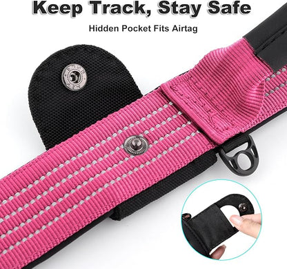 Plutus Pet Tactical Dog Collar with Tracker Pocket for AirTag, Adjustable Reflective Nylon Collar, Metal Buckle, Leather-Wrapped Handle, Soft Padded for Medium Large Dogs (Pink, S)