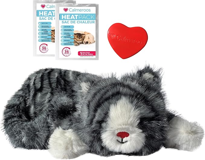 Calmeroos Plush Heartbeat Toys - Calming Separation Anxiety Relief Toys for Puppies and Kittens - Heartbeat Simulator in a Soft Comforting Pillow Pet Plush for Dogs and Cats (Grey Stripe)