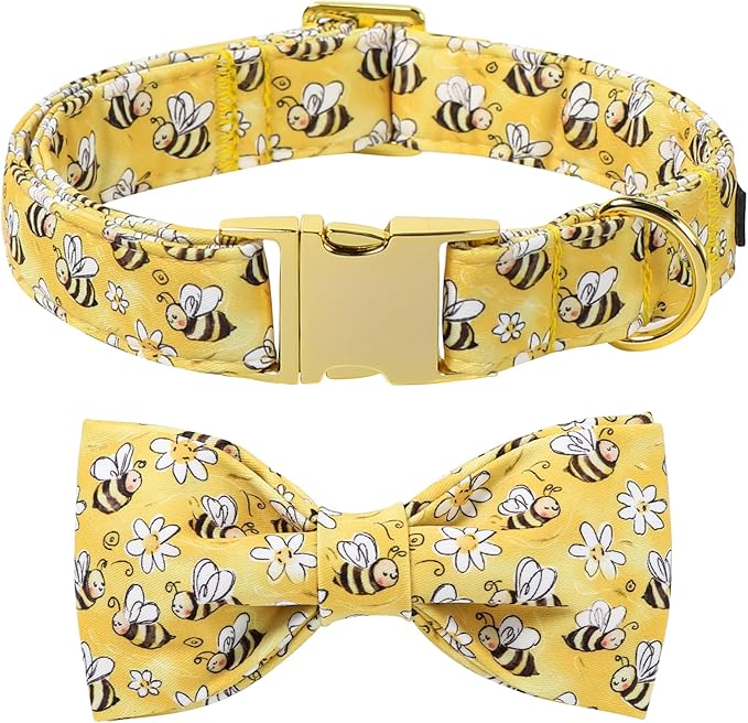 Lionet Paws Spring Dog Collar with Bow tie,Cute Summer Bees Yellow Dog Collar Bow Tie for Dogs Female, Medium, Neck 13.5-22 inches