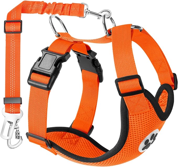 Lukovee Dog Seat Belt for Car, Adjustable Dog Car Harness for Large Medium Small Dogs, Soft Padded & Breathable Mesh Dog Seatbelt with Car Vehicle Connector Strap (Orange Double Clip,Large)