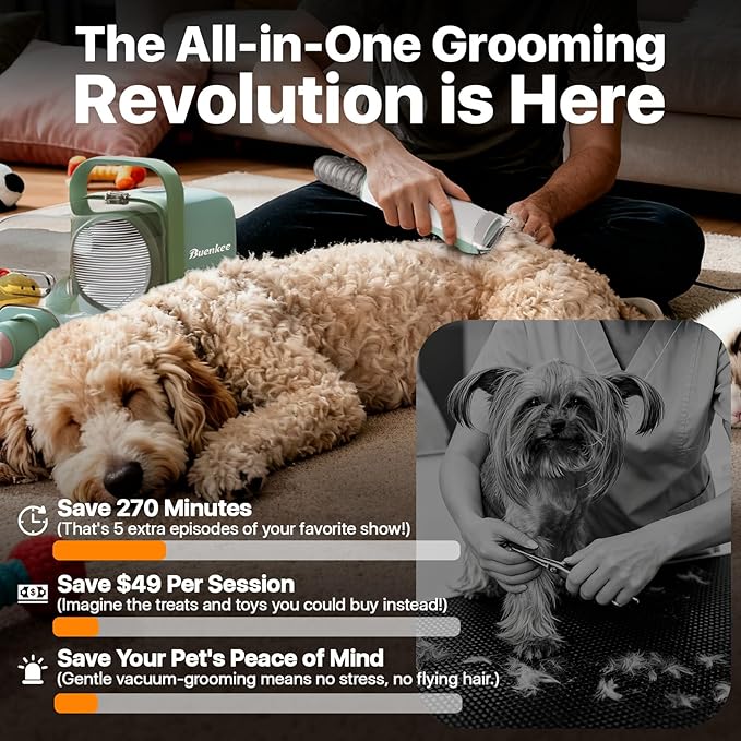Dog Grooming Kit with Vacuum, 15000Pa Pet Hair Clipper and Shedding Brush, 50dB Low Noise, 2L Capacity, White