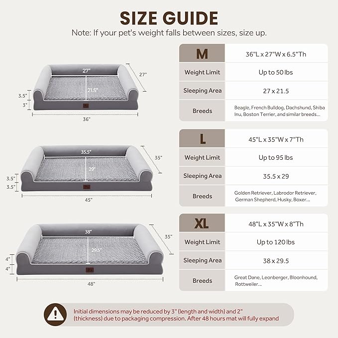 Warmrest Large Dog Beds Large Sized Dogs 45x35x7 Inch, Orthopedic XXL XL Dog Bed for Medium Size Dogs, Big Waterproof Couch Sofa with Removable Washable Cover for Pet, Light Grey
