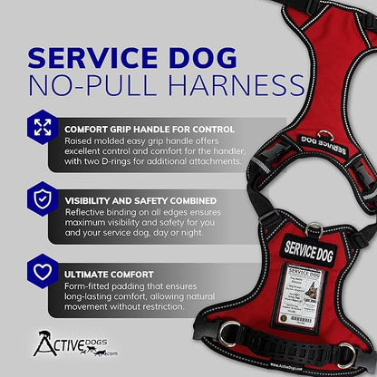 ActiveDogs No Pull Harness - Adjustable Service Dog Harness for Small Dogs with Control Handle, ID Window, D-Rings & Reflective Padding - Red, 19"-25"