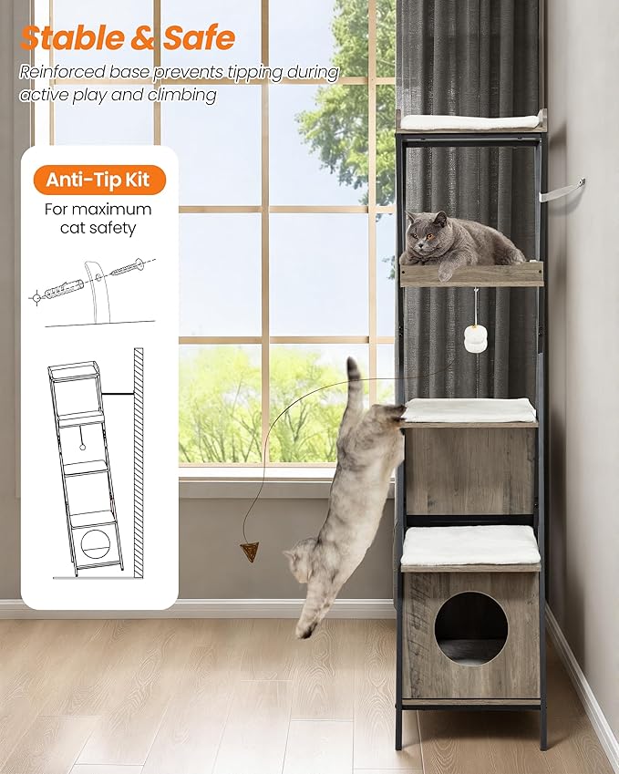 Modern Wood Cat Tree Tower for Indoor Cats Large Adult - 67 Inch Tall Multi-Level Heavy Duty Cat Condo Trees Furniture with Caves Perch Bed Scratching Board - XL Big Sturdy Wooden Kitty Climbing House