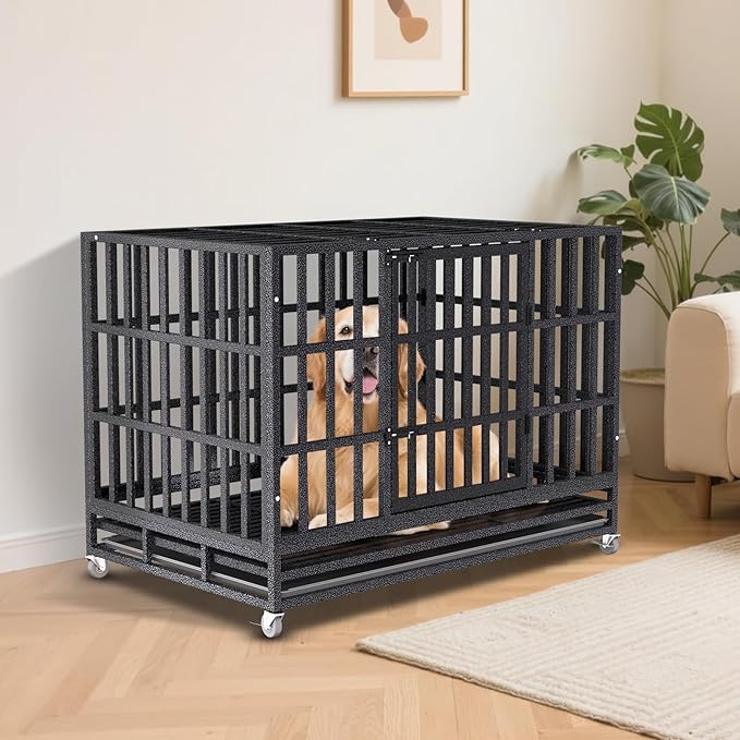 SHUSHIM 38 Inch Heavy Duty Dog Crate Kennel with Wheels, High Anxiety Indestructible Dog Crates for Large Dogs, XL XXL Extra Large Dog Crate with Removable Plastic Tray, Two Locks (Black, Square)