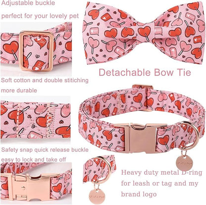 UP URARA PUP Valentine’s Day Dog Collar with Bow Tie, Pink Heart Bowtie Collar with Metal Buckle, Valentine’s Day Gift Pet Collar for Puppy Girl Boy Dog or Cat, Wedding Dog Collar, L, Neck 16-24in