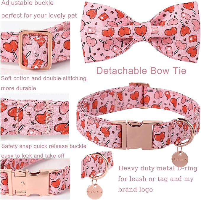 UP URARA PUP Valentine’s Day Dog Collar with Bow Tie, Pink Heart Bowtie Collar with Metal Buckle, Valentine’s Day Gift Pet Collar for Puppy Girl Boy Dog or Cat, Wedding Dog Collar, M, Neck 13.5-22in