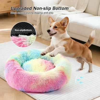 NOYAL Calming Donut Dog Bed for Small to Medium Dogs & Cats - Plush Faux Fur Anti-Anxiety Pet Bed with Machine Washable Cover & Non-Slip Base