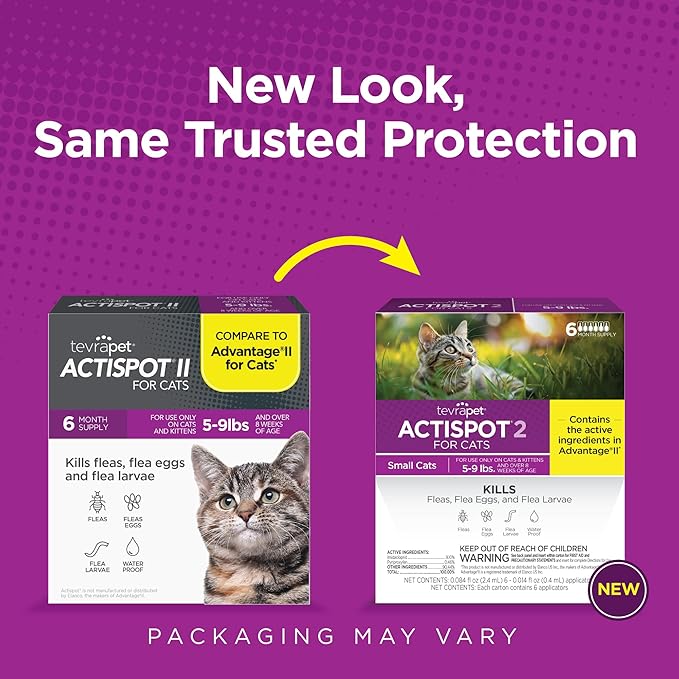 TevraPet Actispot II Flea Treatment for Small and Medium Cats 5-9 lbs | 6 Doses | Powerful Prevention and Control, Clear