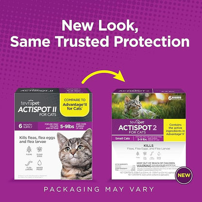 TevraPet Actispot II Flea Treatment for Small and Medium Cats 5-9 lbs | 6 Doses | Powerful Prevention and Control, Clear