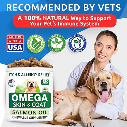 BARK&SPARK Omega 3 for Dogs - 180 Fish Oil Treats for Dog Shedding, Skin Allergy, Itch Relief, Hot Spots Treatment - Joint Health - Skin and Coat Supplement - EPA & DHA Fatty Acids - Alaskan Salmon