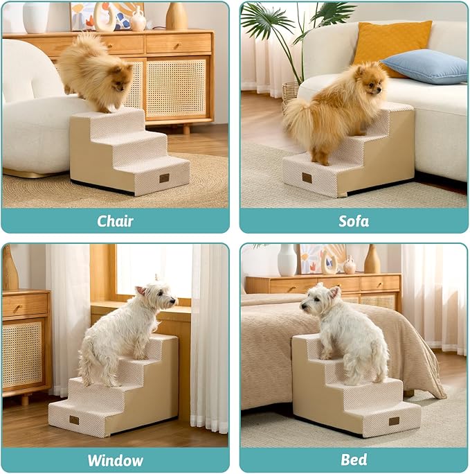 COZY KISS Dog Stairs for Small Dogs, 3 Tier Pet Stairs for Couch, 13.5" H Non-Slip Dog Steps for Old Cats, Puppy, Small Dogs, 15.7x17.7x13.5 inch, Beige