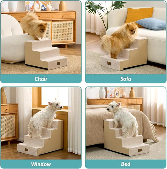 COZY KISS Dog Stairs for Small Dogs, 3 Tier Pet Stairs for Couch, 13.5" H Non-Slip Dog Steps for Old Cats, Puppy, Small Dogs, 15.7x17.7x13.5 inch, Beige