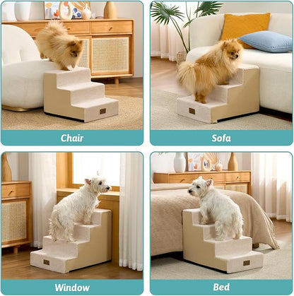COZY KISS Dog Stairs for Small Dogs, 4 Tier Pet Stairs for Couch and Beds, 17.7" H Non-Slip Dog Steps for Old Cats, Puppy, Small Medium Dogs, 15.7x23.6x17.7 inch, Beige