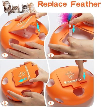 Scsuupoee Interactive Cat Toy, Electric Cat Toys for Moving Concealed Feathers, Smart Sensor 7 Holes Whack a Mole Feather Toy, USB Charge Automatic Kitten Toys,Orange
