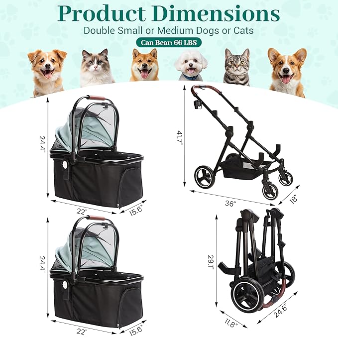 Foldable Double Pet Stroller for 2 Small Medium Cats or Dogs, Lightweight Single and Double Integrated Pet Stroller with Detachable Carriers