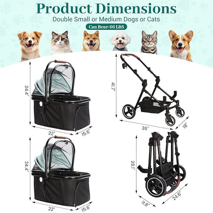 Foldable Double Pet Stroller for 2 Small Medium Cats or Dogs, Lightweight Single and Double Integrated Pet Stroller with Detachable Carriers
