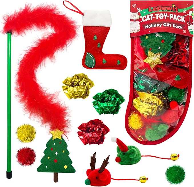 Lepawit Cat Christmas Stocking, 10 Pack Gifts for Christmas, Interactive Feather Toy with Catnip, Cat Ball Toys, Crinkle Balls, Mice Toys for Indoor Cats & Kitten
