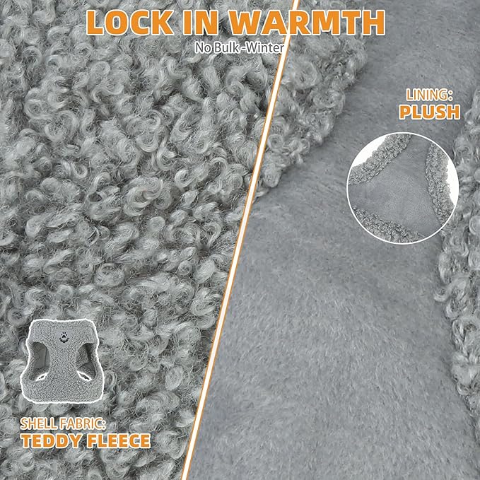 KOOLTAIL Plush Small Dog Harness and Leash Set, Warm Fleece No Pull Puppy Vest for Winter, Lightweight Reflective Step in Pet Harness for Medium Sized Dogs Boy Girl Outdoor Walking Cute Soft, Gray M