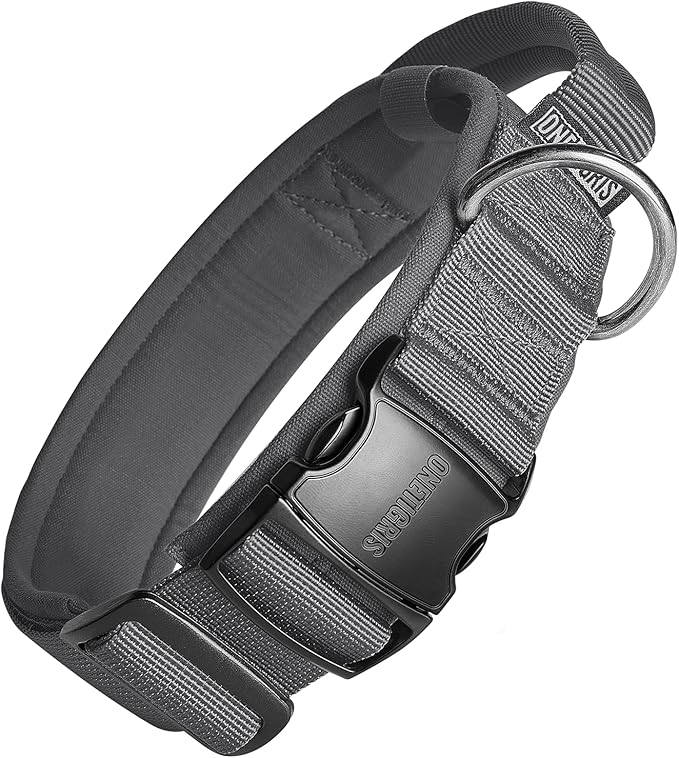 OneTigris Tough Dog Collars, Tactical Dog Collar with Handle, Milltary Adjustable Dog Collar with Heavy Duty Metal Buckle for Training (Medium,Gray)