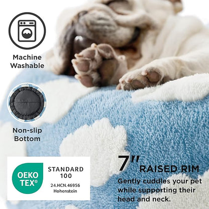 LE SURE Shown on TV Donut Dog Beds for Small Dogs - Calming Cat Sofa as Bed Gift for Indoor Cats with Washable Cover, Round Home Decor Cute Pet Beds with Jacquard Shaggy Plush, 23 Inch, Blue