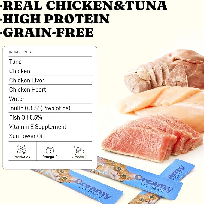 PETASTY Creamy Lickable Cat Treats, Tuna & Chicken Flavor Wet Treat Snack Tubes, Grain-Free Soft Squeezable Puree with Premium Protein Vitamin E for Daily Interactive Training Reward, 0.5oz, 20 Count