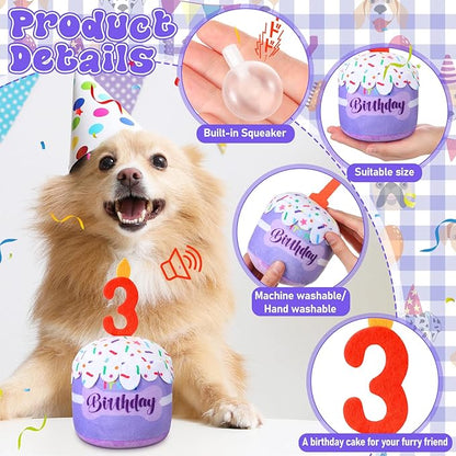Dog 3rd Birthday Cake Toy Accessories for Girl Boy Gifts, Purple Squeaky Plush Toy for Dog Birthday Party Decor Favor for Large, Medium and Small Dogs