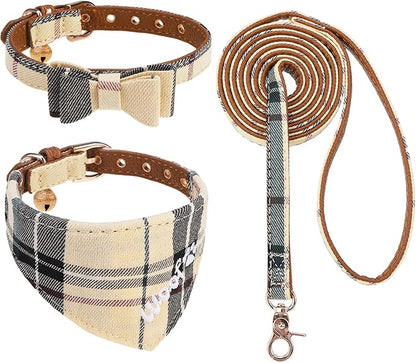 KOOLTAIL Small Dog Collar and Leash Set with Bowtie and Bells, Cute Embroidery Puppy Bandana Collar Collar and Leash with Classic Plaid Pattern,Soft Leather Tangle Free Leashes for Small Dogs,Boy Girl