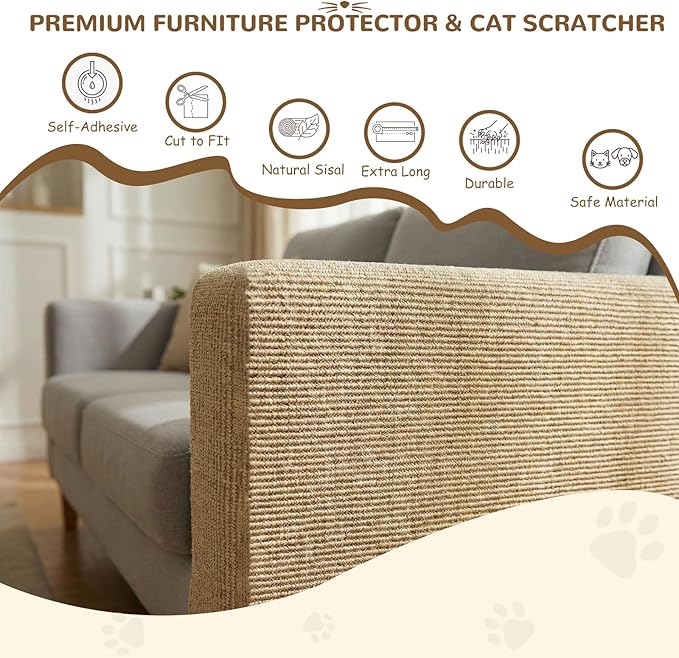 118Inch Cat Carpet Protector for Furniture Couch - Self Adhesive Cat Scratching Mat for Wall Door & Sofa - DIY Trimmable Scratcher Pad Material - Replacement Rug for Shelf Tree.