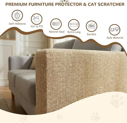 78Inch Cat Scratch Mat for Couch, Trimmable Cat Carpet Self-Adhesive. Durable Cat Scratching Mat, Leather Couch Cat Scratch Protector and DIY Climb Furniture Protector from Cat Claws.